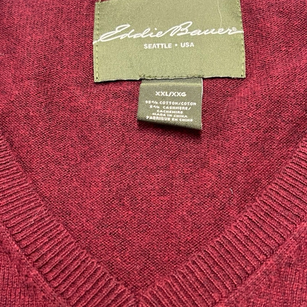 Eddie Bauer Sweater Y2K VTG Men's 2XL Burgundy V Neck Cotton Cashmere Pullover - Picture 3 of 4